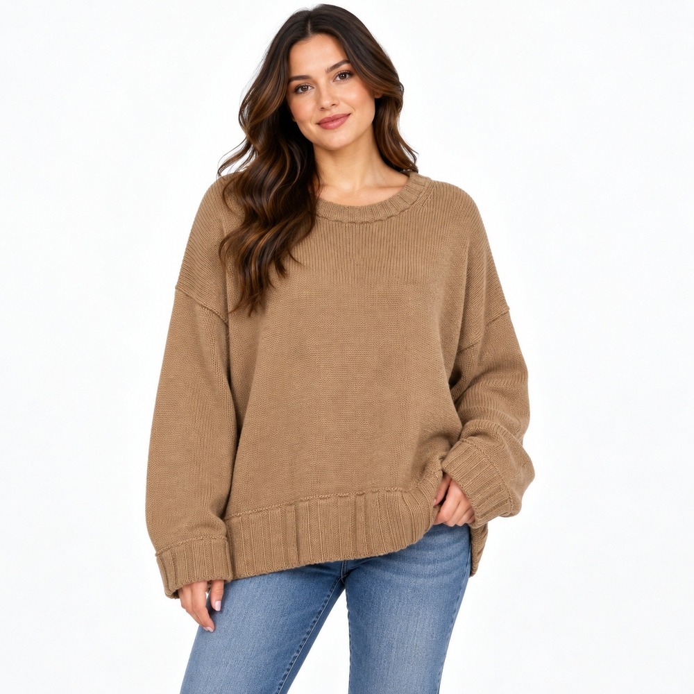 J.Crew Sweater Women M Camel 100% Italian Cashmere Oversize Crewneck Knit Luxury
